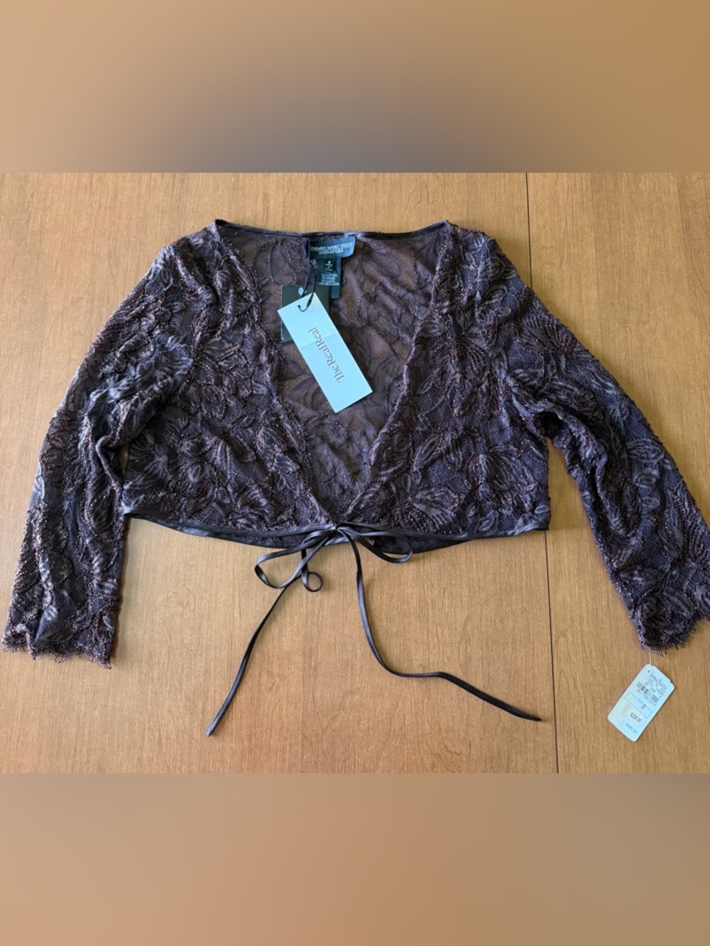 NWT- Carmen Marc Valvo Brown Lace and sequence Cropped Wrap Top wrap